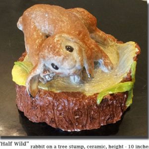 "Half Wild", rabbit on a tree stump, ceramic