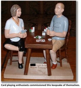 "Texas Hold 'em" wood carving, portrait figurines, couple playing cards