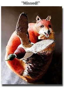 Missed! Fox and Mallard Duck wood carving